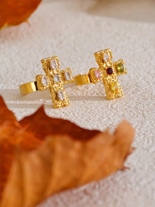Colorful cubic zirconia cross open adjustable ring - product image