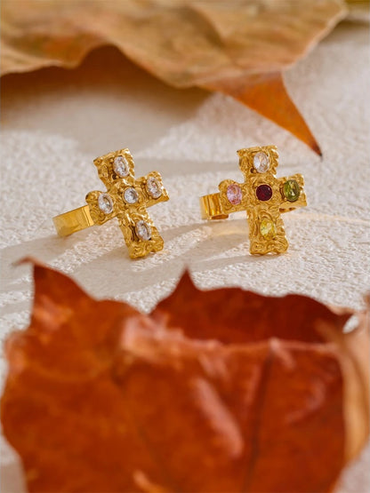 Colorful cubic zirconia cross open adjustable ring - product image