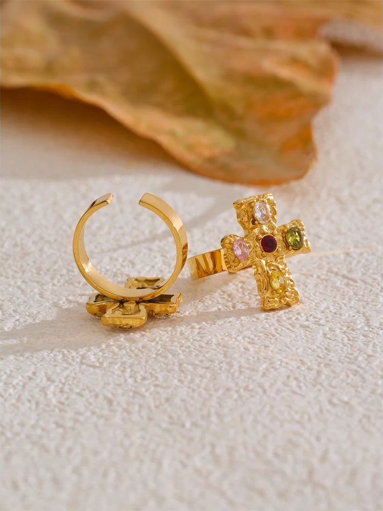 Colorful cubic zirconia cross open adjustable ring - product image