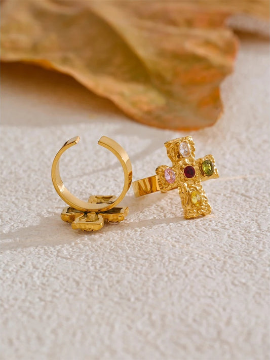 Colorful cubic zirconia cross open adjustable ring - product image