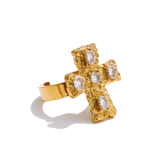 Colorful cubic zirconia cross open adjustable ring - product image