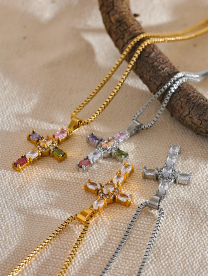 Colorful cubic zirconia cross pendant necklace - product image