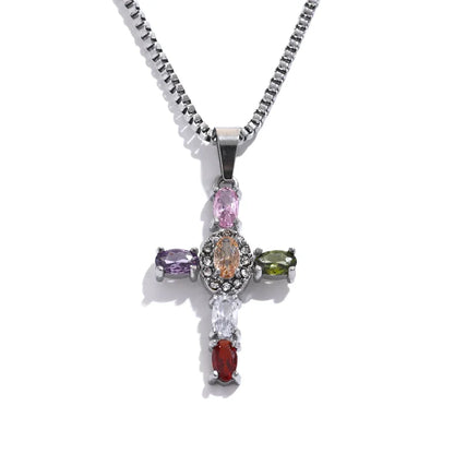 Colorful cubic zirconia cross pendant necklace - product image