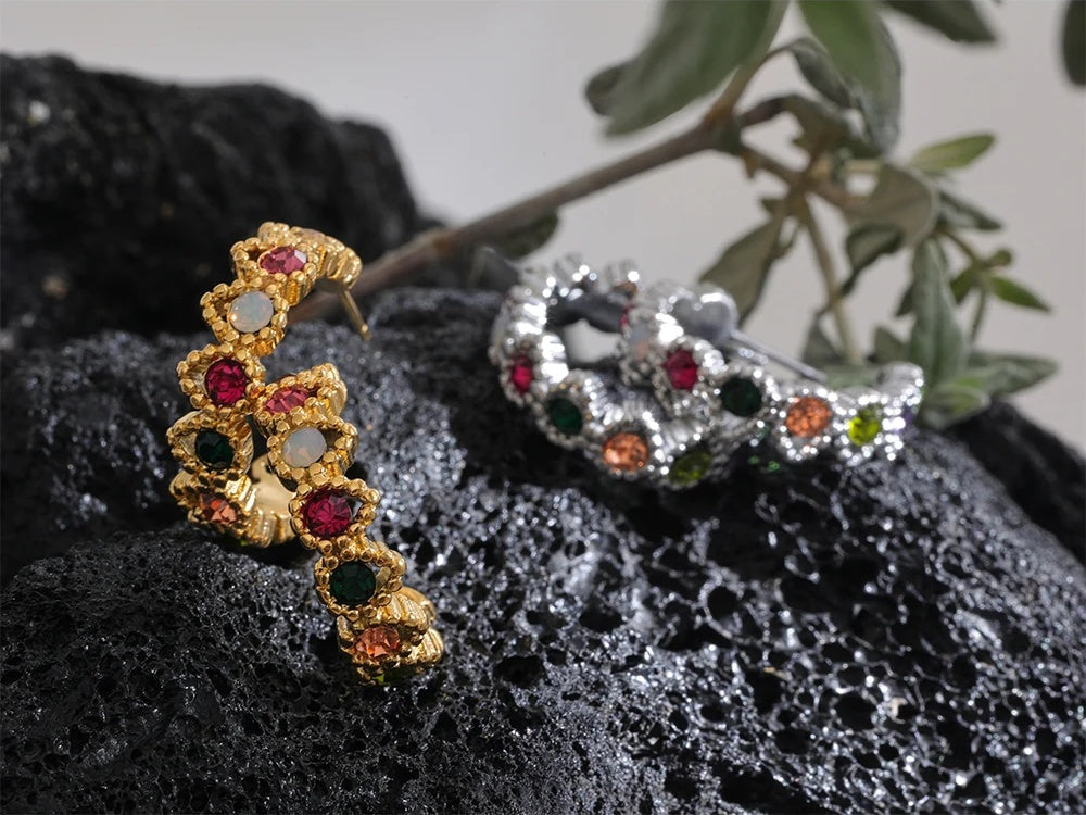 Colorful cubic zirconia heart hoop earrings - product image