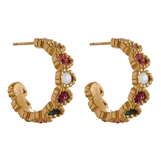 Colorful cubic zirconia heart hoop earrings - product image