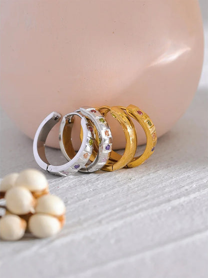 Colorful cubic zirconia round classic hoop earrings - product image