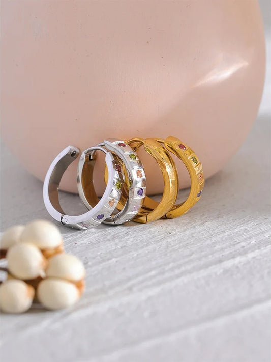 Colorful cubic zirconia round classic hoop earrings - product image