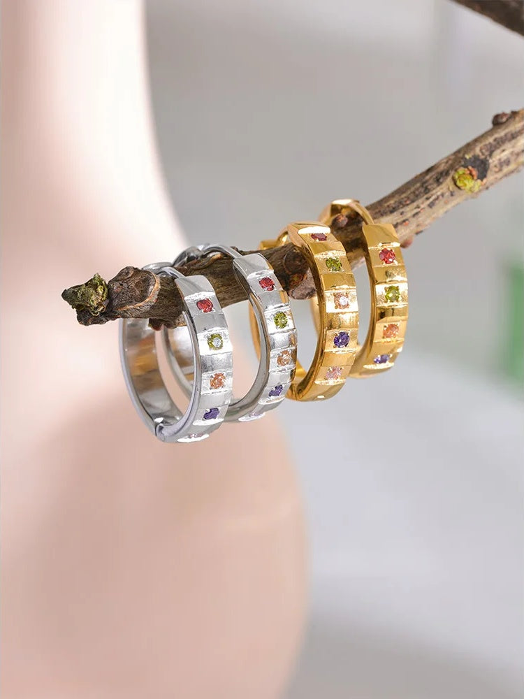 Colorful cubic zirconia round classic hoop earrings - product image