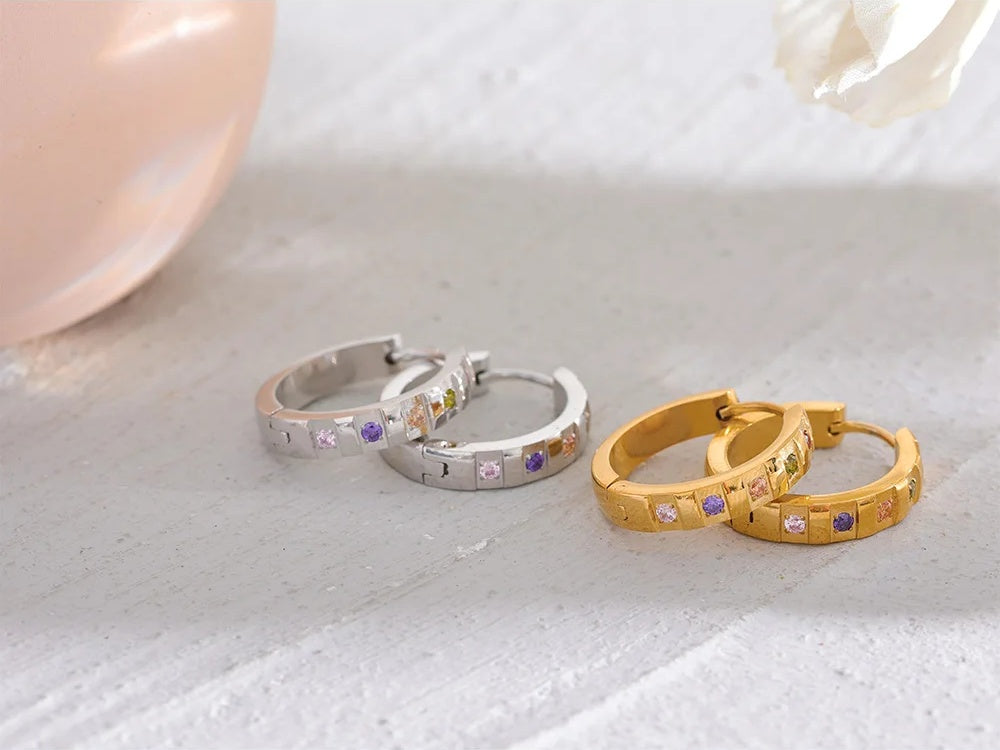 Colorful cubic zirconia round classic hoop earrings - product image