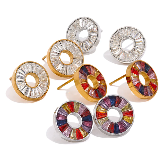 Colorful cubic zirconia round stud earrings - product image