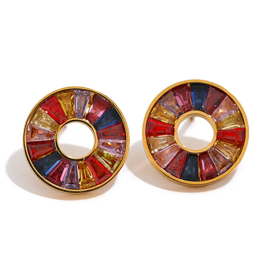 Colorful cubic zirconia round stud earrings - product image