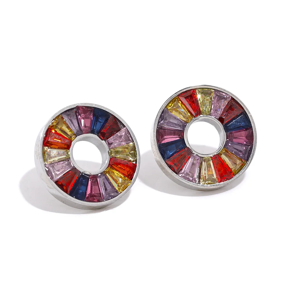Colorful cubic zirconia round stud earrings - product image