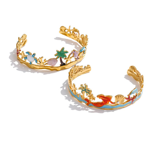 Colorful enamel coconut shell dolphin cuff bracelet - product image