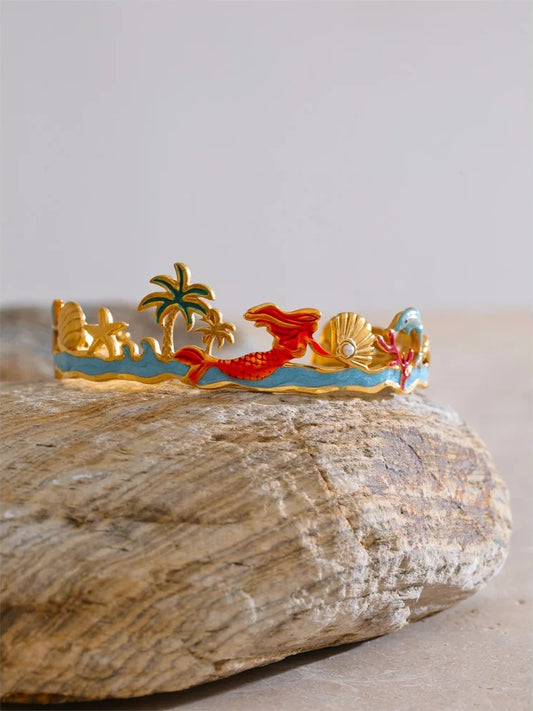 Colorful enamel coconut shell dolphin cuff bracelet - product image