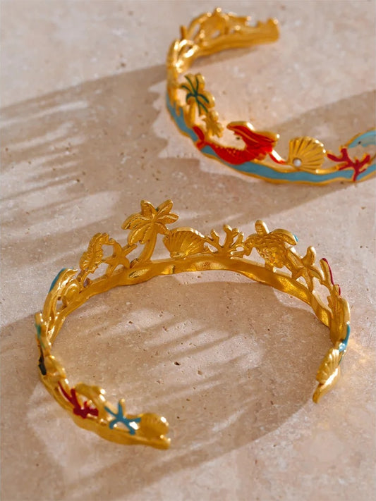 Colorful enamel coconut shell dolphin cuff bracelet - product image