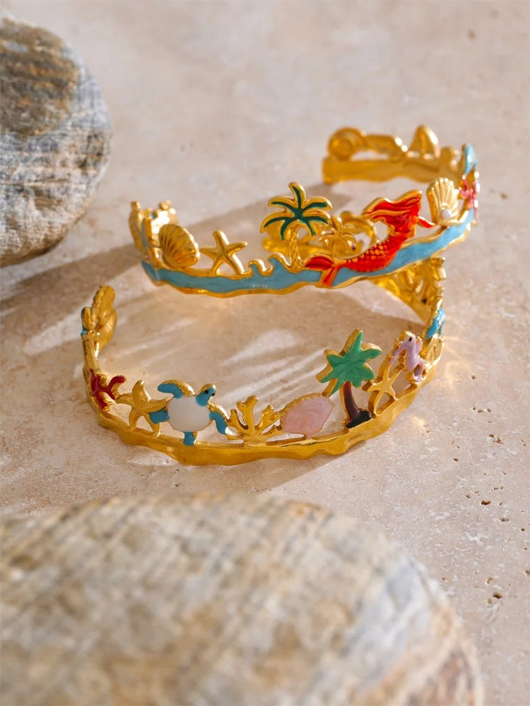 Colorful enamel coconut shell dolphin cuff bracelet - product image