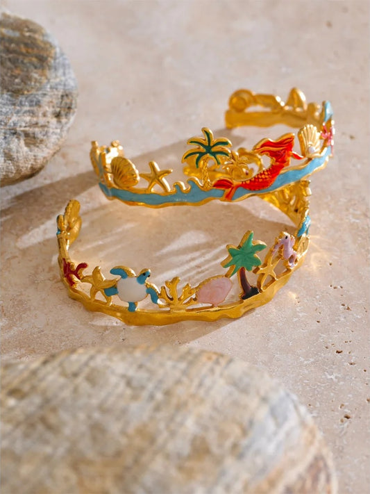 Colorful enamel coconut shell dolphin cuff bracelet - product image