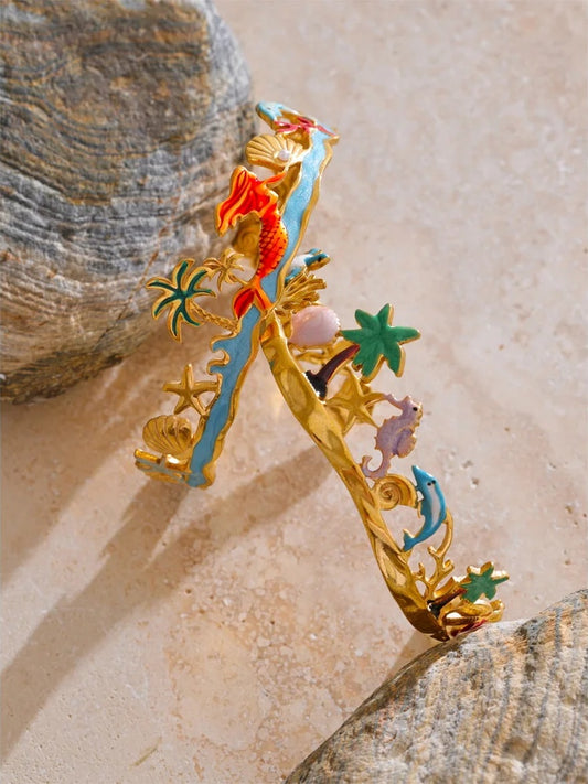 Colorful enamel coconut shell dolphin cuff bracelet - product image