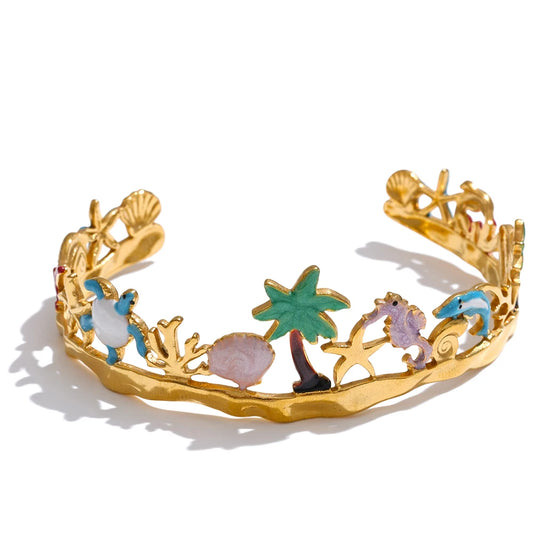 Colorful enamel coconut shell dolphin cuff bracelet - product image