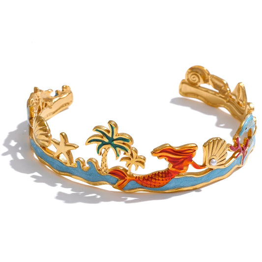 Colorful enamel coconut shell dolphin cuff bracelet - product image