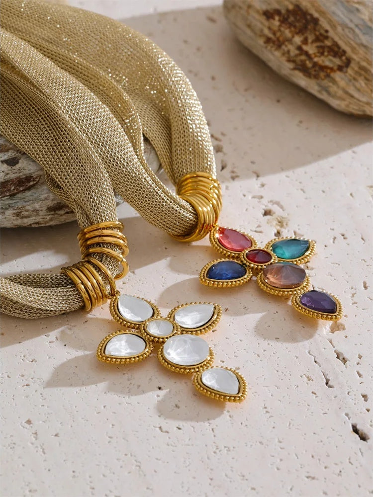 Colorful glass cross pendant white silver tone necklace - product image