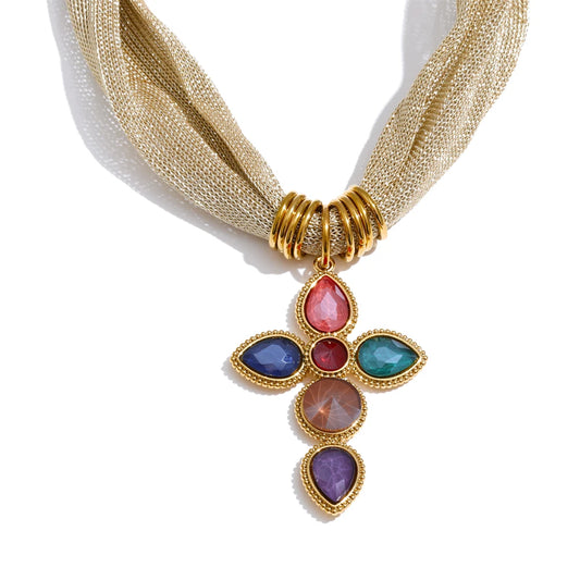 Colorful glass cross pendant white silver tone necklace - product image