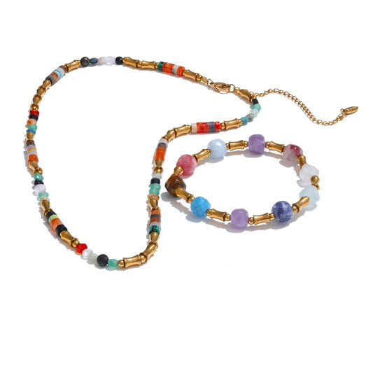 Colorful natural stone bamboo chain necklace bracelet set - product image