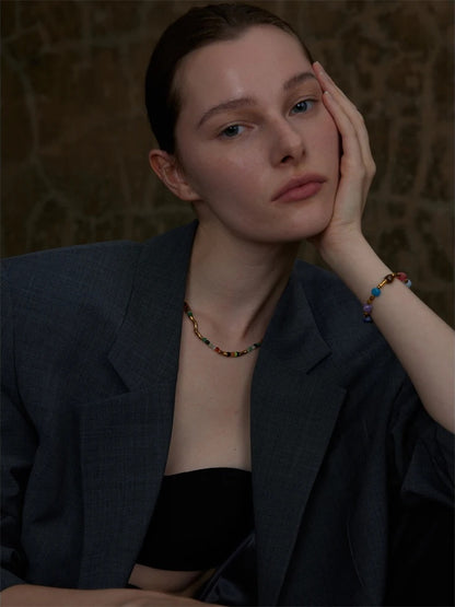 Colorful natural stone bamboo chain necklace bracelet set - product image