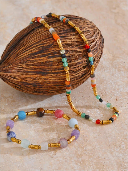 Colorful natural stone bamboo chain necklace bracelet set - product image