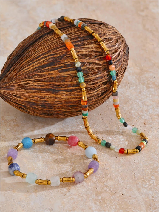 Colorful natural stone bamboo chain necklace bracelet set - product image