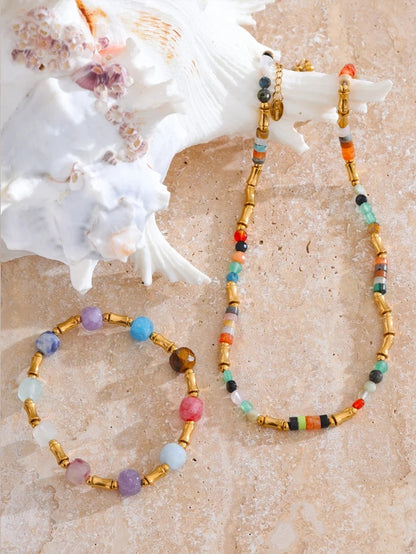 Colorful natural stone bamboo chain necklace bracelet set - product image
