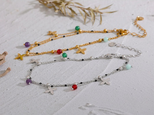 Colorful natural stone bead flower beach anklet - product image
