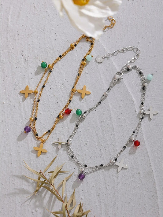 Colorful natural stone bead flower beach anklet - product image