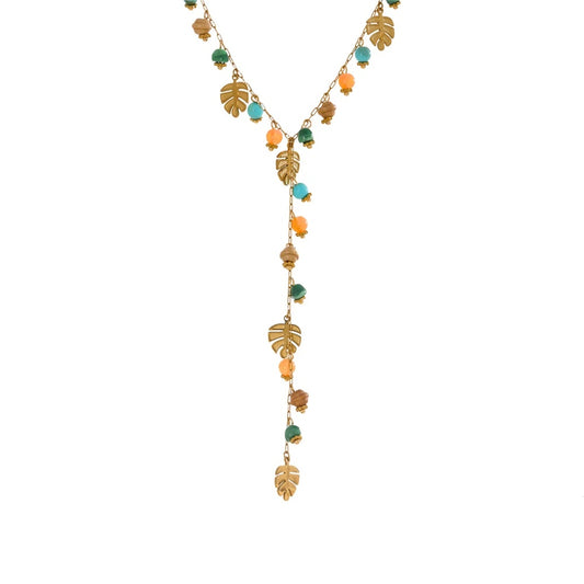 Colorful natural stone chain leaf pendant necklace - product image