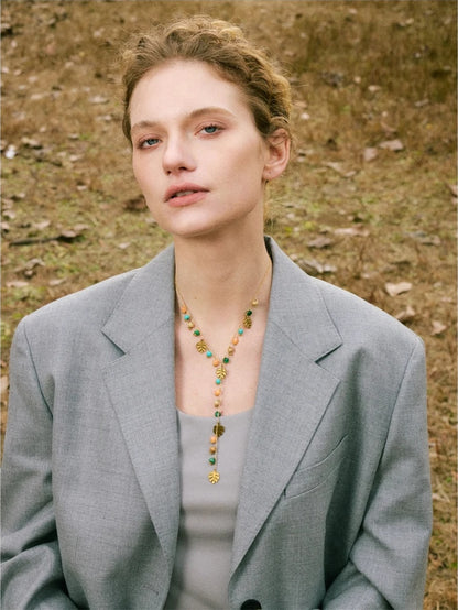 Colorful natural stone chain leaf pendant necklace - product image
