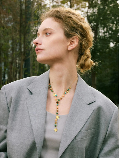 Colorful natural stone chain leaf pendant necklace - product image