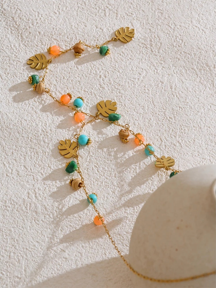 Colorful natural stone chain leaf pendant necklace - product image