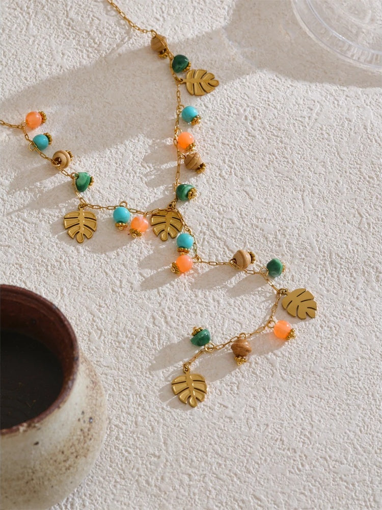 Colorful natural stone chain leaf pendant necklace - product image