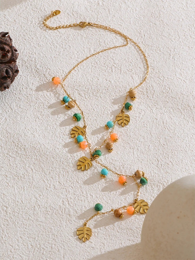 Colorful natural stone chain leaf pendant necklace - product image