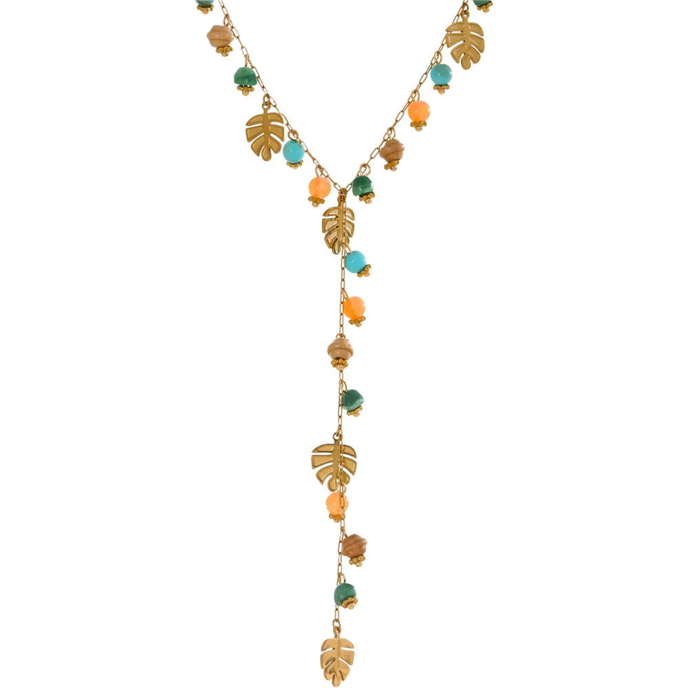 Colorful natural stone chain leaf pendant necklace - product image