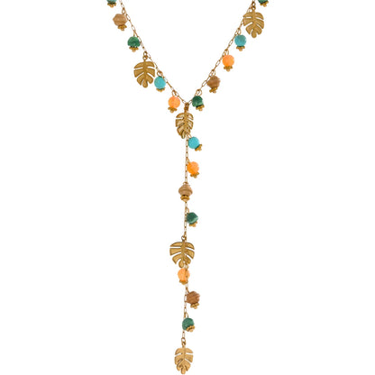 Colorful natural stone chain leaf pendant necklace - product image