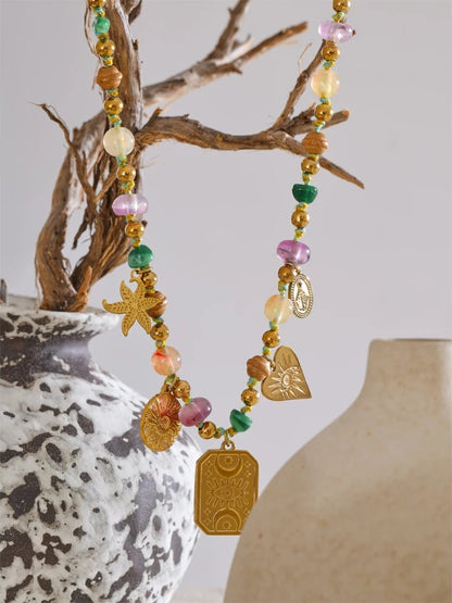 Colorful natural stone eye square pendant necklace - product image