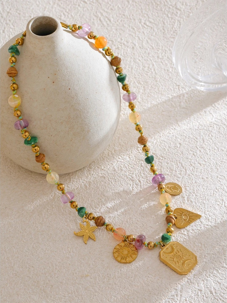 Colorful natural stone eye square pendant necklace - product image