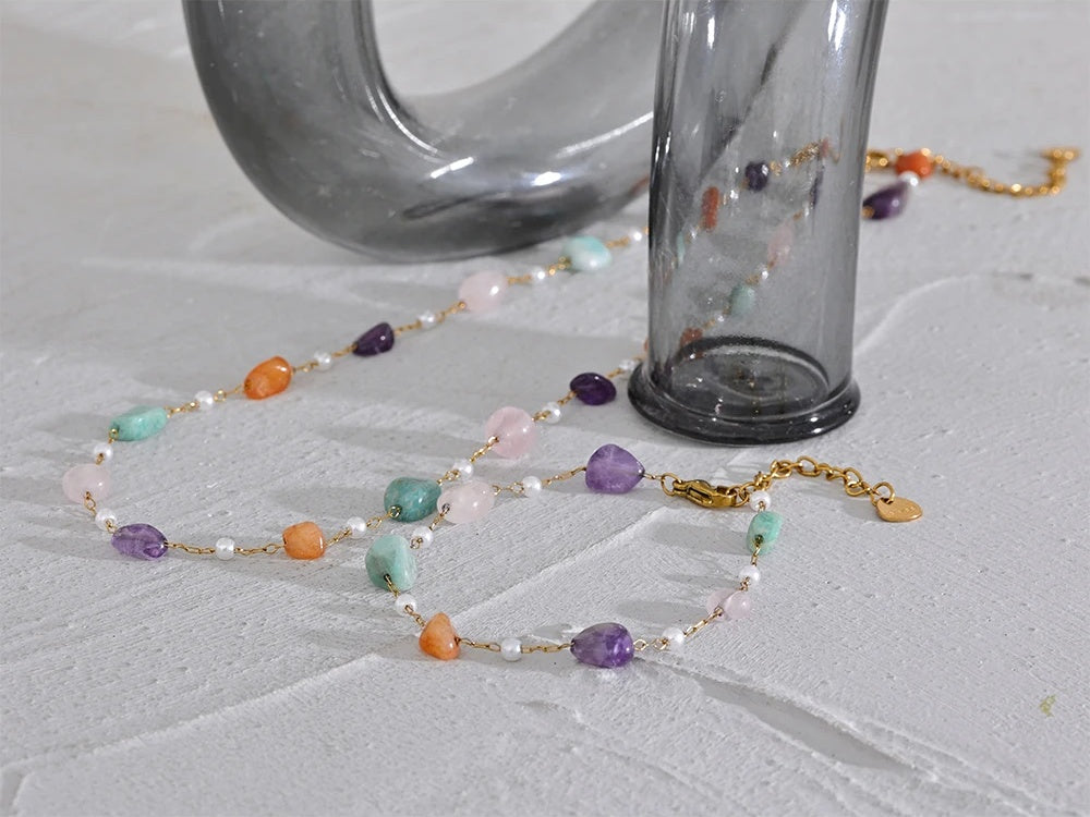 Colorful natural stone imitation pearls jewelry set - product image