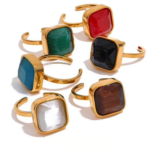 Colorful opal natural cat eye square ring - product image