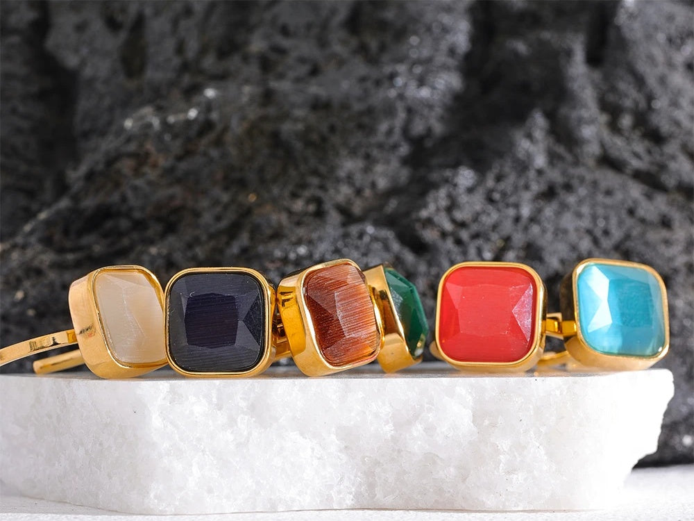 Colorful opal natural cat eye square ring - product image