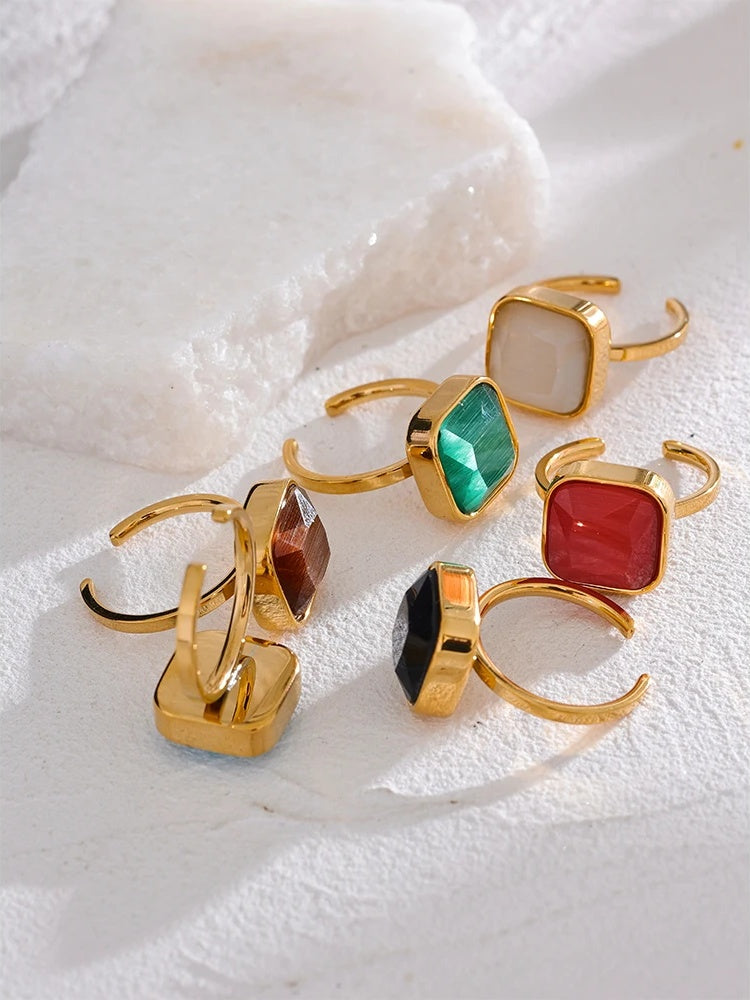 Colorful opal natural cat eye square ring - product image