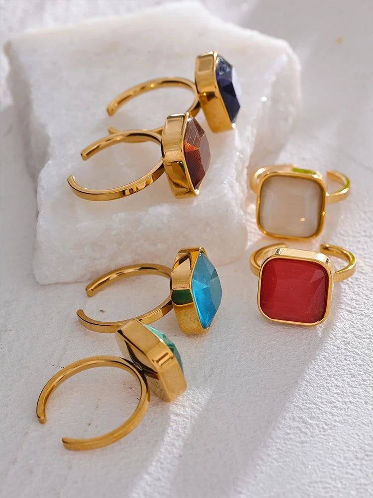 Colorful opal natural cat eye square ring - product image