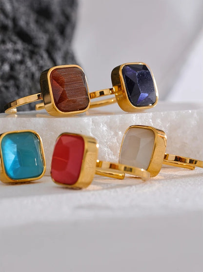 Colorful opal natural cat eye square ring - product image