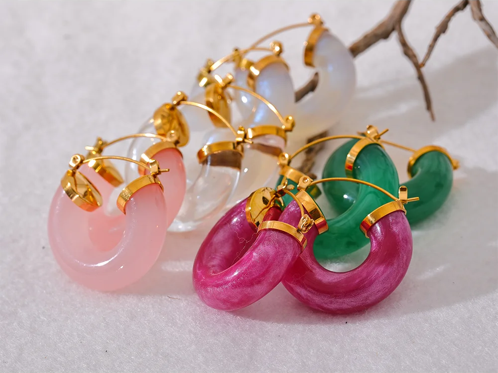Colorful resin round hoop earrings - product image
